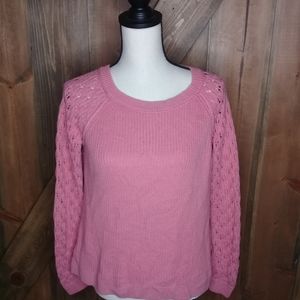 Loft Dusty Rose Pointelle Crocheted  Dolman Sleeve Rear Button Sweater Sz Med